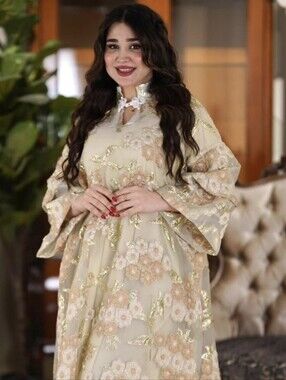 Beige Floral Maxi Dress with Gold Accents